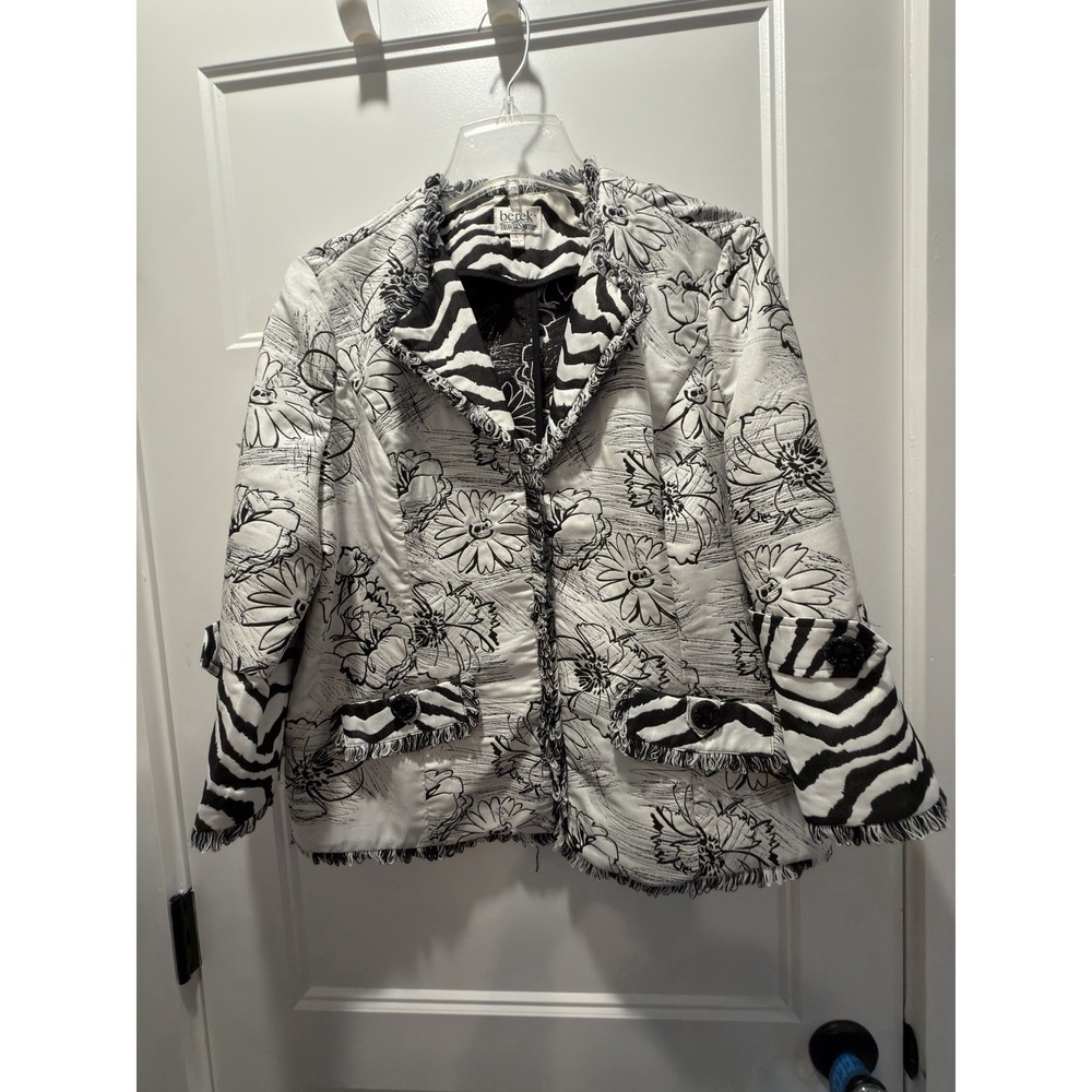 Berek Black White Abstract Floral Animal Print Fringed Structured Jacket Large